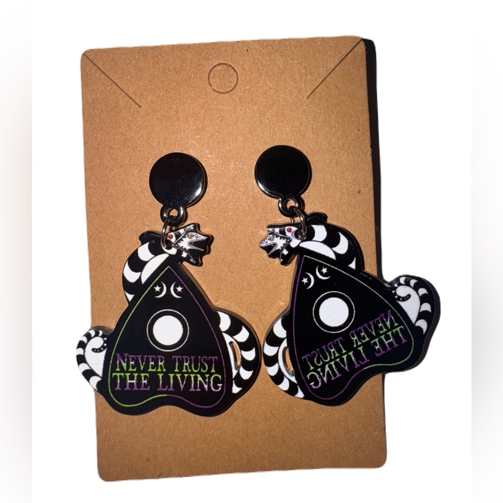 Beetle Juice “Never Trust The Living” Dangle Earrings